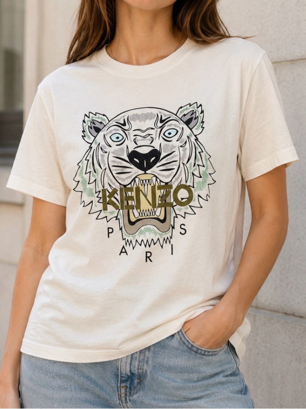 KENZO Paris Tiger Graphic T-Shirt Cream Ivory Size Medium